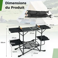 Table Pliante Extérieur Table de Cuisine de Camping avec 4 Tablettes Appoint Support de Rangement Sac de Transport