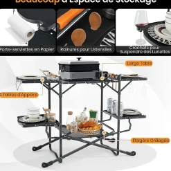 Table Pliante Extérieur Table de Cuisine de Camping avec 4 Tablettes Appoint Support de Rangement Sac de Transport