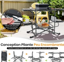 Table Pliante Extérieur Table de Cuisine de Camping avec 4 Tablettes Appoint Support de Rangement Sac de Transport