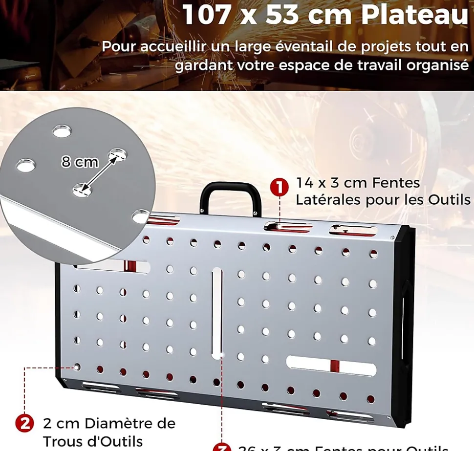 Table Établi Pliante Station de Travail Robuste Capacité 450 kg 2 Serre Joints Poignée de Transport