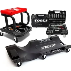 Tabouret Roulant BM TOOLS, Plateau Outils de Rangement avec Chariot de visite et Coffret 108 outils, PACK Garagiste, Mécano Auto