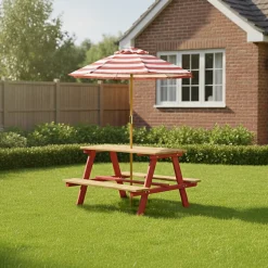 Teamson Kids Table de pique nique enfants avec parasol Rouge