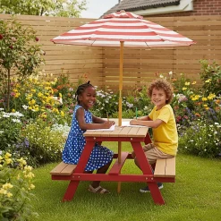 Teamson Kids Table de pique nique enfants avec parasol Rouge