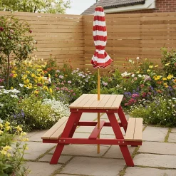 Teamson Kids Table de pique nique enfants avec parasol Rouge