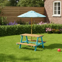 Teamson Kids Table de pique nique enfants avec parasol Bleu