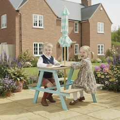 Teamson Kids Table de pique nique enfants avec parasol Bleu