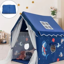 Tente de Jeu Enfants avec Tapis, Guirlande Lumineuse en Forme d'Étoile, Fenêtre et Rideau en Gaze, 122X105X125CM, Bleu