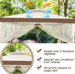 Tente de Pavillon de 3M avec Moustiquaire Transparente sur 4 Cotes Petite Fenetre au Plafond Beige