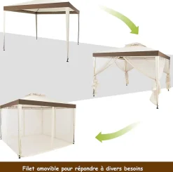 Tente de Pavillon de 3M avec Moustiquaire Transparente sur 4 Cotes Petite Fenetre au Plafond Beige