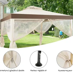 Tente de Pavillon de 3M avec Moustiquaire Transparente sur 4 Cotes Petite Fenetre au Plafond Beige