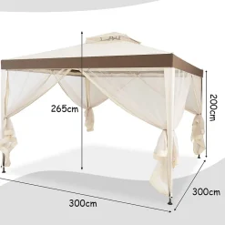 Tente de Pavillon de 3M avec Moustiquaire Transparente sur 4 Cotes Petite Fenetre au Plafond Beige
