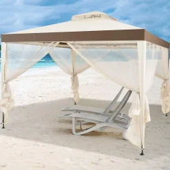 Tente de Pavillon de 3M avec Moustiquaire Transparente sur 4 Cotes Petite Fenetre au Plafond Beige
