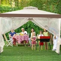 Tente de Pavillon de 3M avec Moustiquaire Transparente sur 4 Cotes Petite Fenetre au Plafond Beige