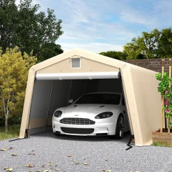 Tente garage carport dim 6L x 3,3l x 2,4H m acier galvanisé robuste PE haute densité 150 g/m² imperméable anti-UV beige