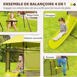 Toboggan 4 en 1 Aire de Jeux en Bois Réglable en Hauteur Cabane Enfant Couverte