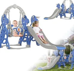 Toboggan autoportant 4 en 1 pour enfants, avec panier de basket, balançoire, cadre d'escalade, en plastique, gris et bleu