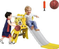 Toboggan Enfant Panier Basket 18 à 36 Mois, 131L x 50l x 74H cm Ballon, Pompe incluses, Jaune Gris