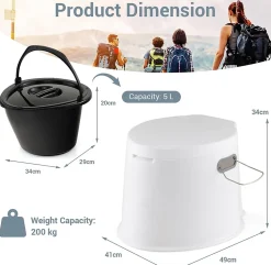 Toilette Portable 5L, Supporter 200KG, avec Couvercle, Seau Amovible avec Poignée, Anti-odeur, pour Camping, Extérieur,Blanc