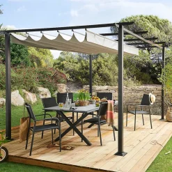 Tonnelle autoportante acier, aluminium et toit rétractable polyester Blooma Moses gris 4 x 3 m