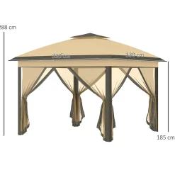 Tonnelle barnum automatique pop-up dim. 3,3L x 3,3l x 2,88H m moustiquaires sac transport métal oxford marron beige