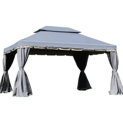 Tonnelle barnum pavillon de jardin style colonial double toit toile moustiquaires et toiles amovibles 3,9L x 2,9l x 2,8H m gris