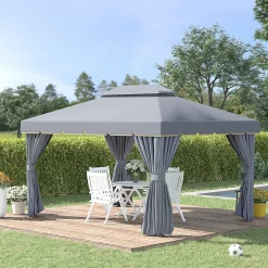 Tonnelle barnum pavillon de jardin style colonial double toit toile moustiquaires et toiles amovibles 3,9L x 2,9l x 2,8H m gris