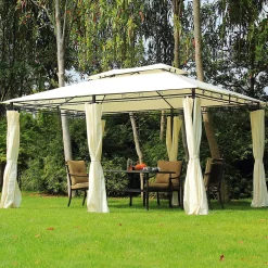 Tonnelle barnum pavillon de jardin style colonial double toit toiles latérales amovibles 3L x 4l x 2,65H m crème