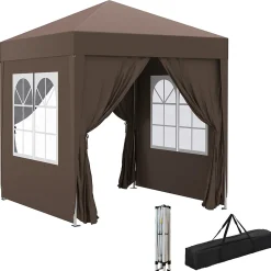 Tonnelle de jardin tente pliante barnum pop-up 2 x 2 m 4 parois latérales amovibles 2 fenêtres sac de transport chocolat