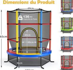 Trampoline Enfant 165cm Cadre en Acier Trampoline Extérieur et Intérieur avec Filet de Sécurité Multicolore