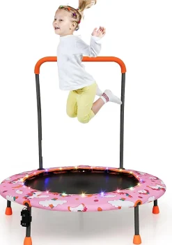 Trampoline Enfants 92 CM Lumières LED Cadre en Acier Poignée de Sécurité Amovible pour Enfants Rose