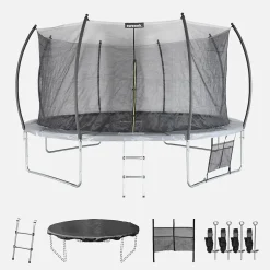 Trampoline rond D. 430cm gris avec filet de protection intérieur - Venus Inner XXL échelle. bâche. filet pour chaussures et kit