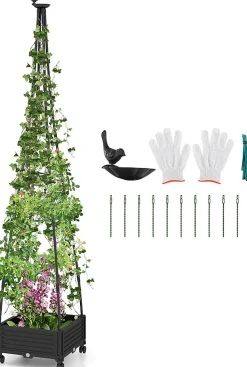 Treillis avec Lit de Jardin Surélevé Obélisque de Plantes Grimpantes 2 Roues Verrouillables Charge 15KG 41x41x208 cm
