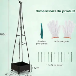 Treillis avec Lit de Jardin Surélevé Obélisque de Plantes Grimpantes 2 Roues Verrouillables Charge 15KG 41x41x208 cm