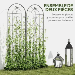 Treillis de jardin effet fer forgé oiseau - 2 supports plantes grimpantes - 50 x 180 cm - métal époxy noir