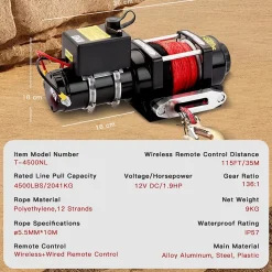 Treuil électrique 12V, câble de treuil 4500lb/2041kg, câble en nylon