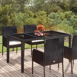 vidaXL Table de jardin dessus en verre Noir 150x90x75cm Résine tressée 319899
