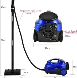 2000W Nettoyeur Vapeur Electrique Pression 4 Bar Volume de Vapeur Reglable avec Verrouillage Enfant Canape Tapis Bleu