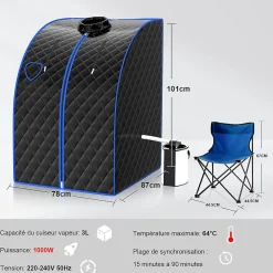 1000W Sauna à Vapeur Portable 3L Sauna Cabine Pliable avec Chaise Température Réglable à 64 degrés 9 Minuterie Réglable Noir