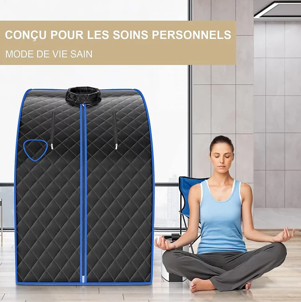 1000W Sauna à Vapeur Portable 3L Sauna Cabine Pliable avec Chaise Température Réglable à 64 degrés 9 Minuterie Réglable Noir