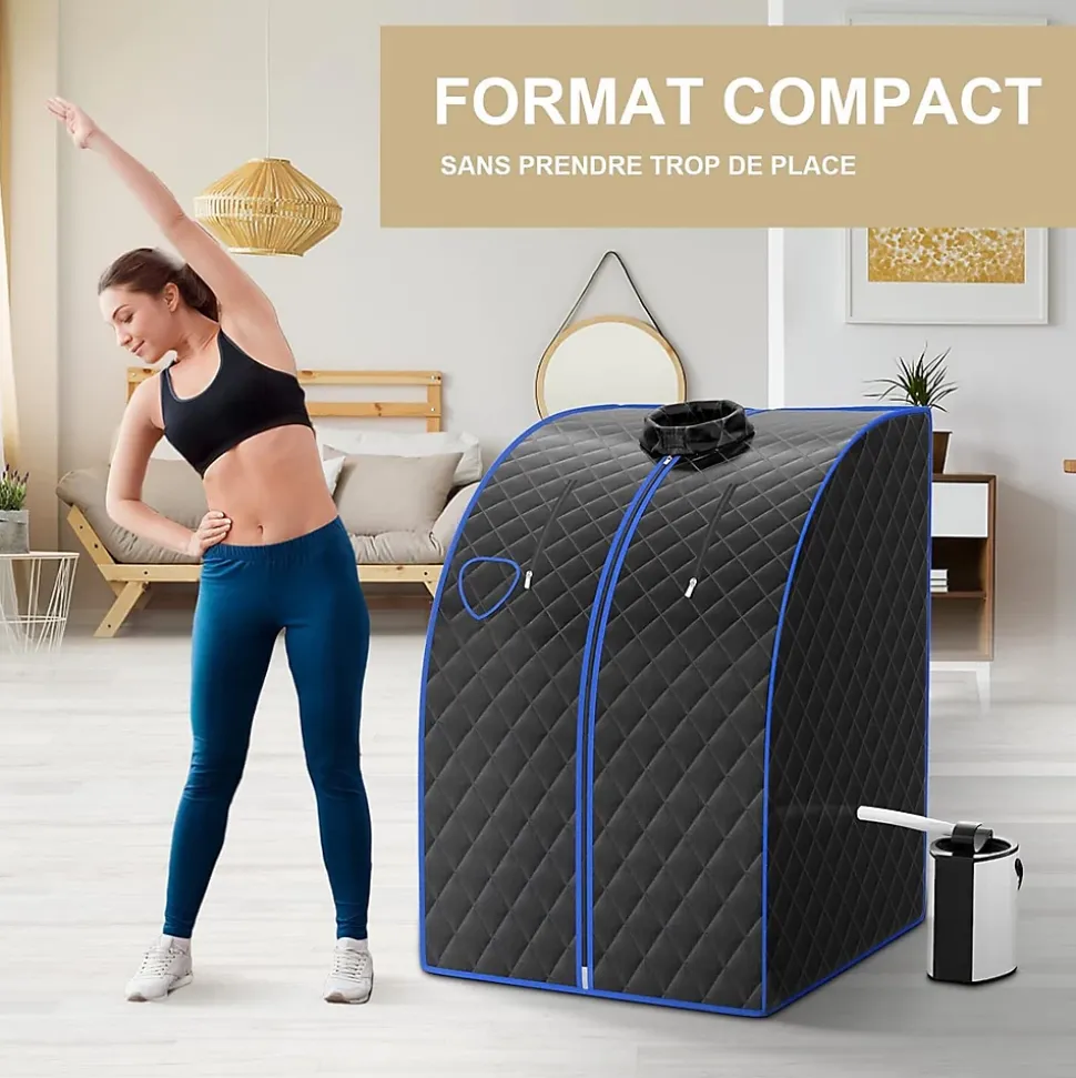 1000W Sauna à Vapeur Portable 3L Sauna Cabine Pliable avec Chaise Température Réglable à 64 degrés 9 Minuterie Réglable Noir