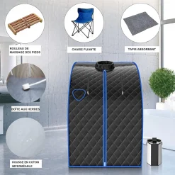 1000W Sauna à Vapeur Portable 3L Sauna Cabine Pliable avec Chaise Température Réglable à 64 degrés 9 Minuterie Réglable Noir