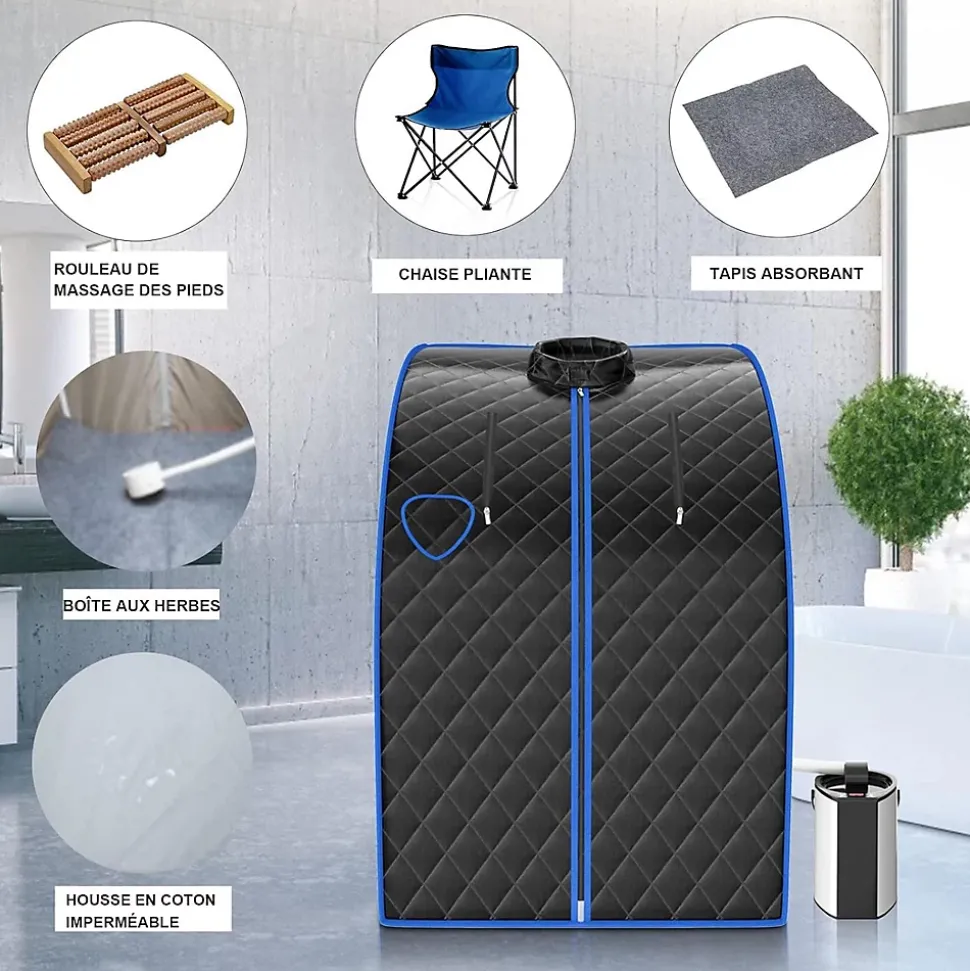 1000W Sauna à Vapeur Portable 3L Sauna Cabine Pliable avec Chaise Température Réglable à 64 degrés 9 Minuterie Réglable Noir