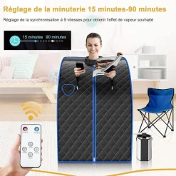 1000W Sauna à Vapeur Portable 3L Sauna Cabine Pliable avec Chaise Température Réglable à 64 degrés 9 Minuterie Réglable Noir